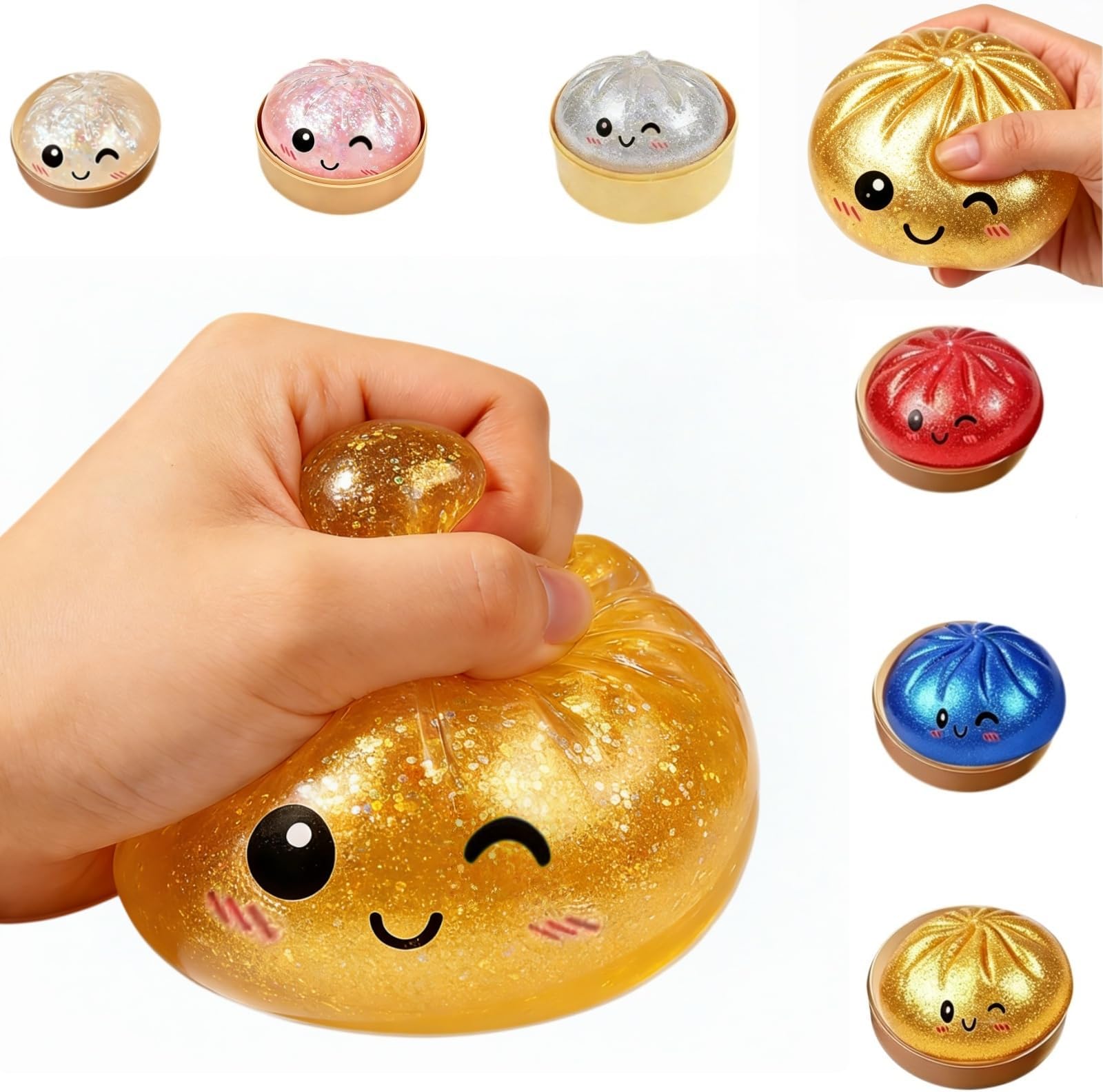 餃子スクイッシー、グリッター餃子ミステリーボックス、2026アップグレード餃子ストレスボール フィジェット感覚ボール、スクイーズ生地ボールストレスリリーフハンドフードスチーマー、リラクゼーションギフト(グリッターイエロー)