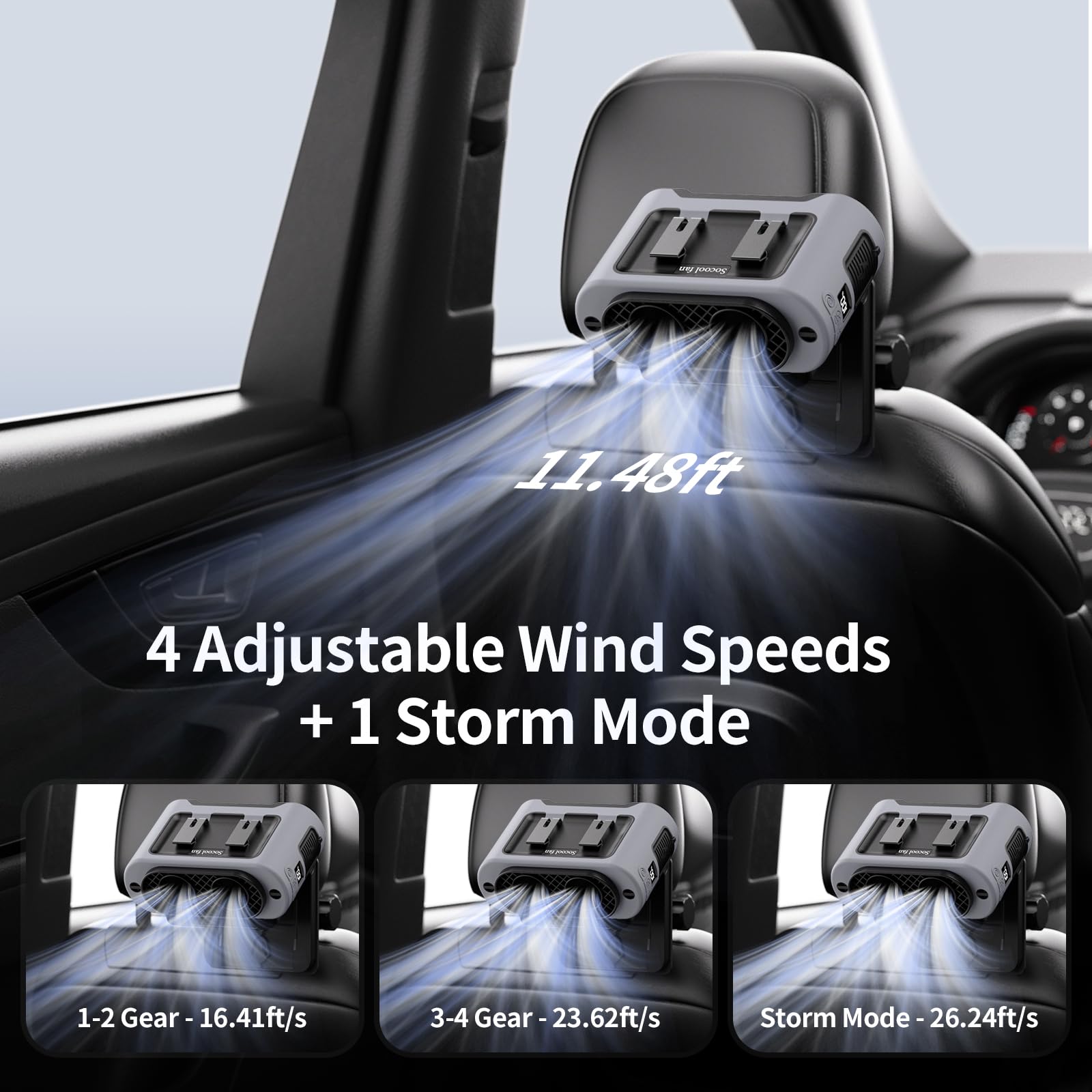 Socool Ventilatore portatile per auto, 14500 mAh, batteria ricaricabile, con clip sul poggiatesta del sedile dell'auto, girevole a 360°, ventole per sedile posteriore a 5 velocità, per raffreddamento