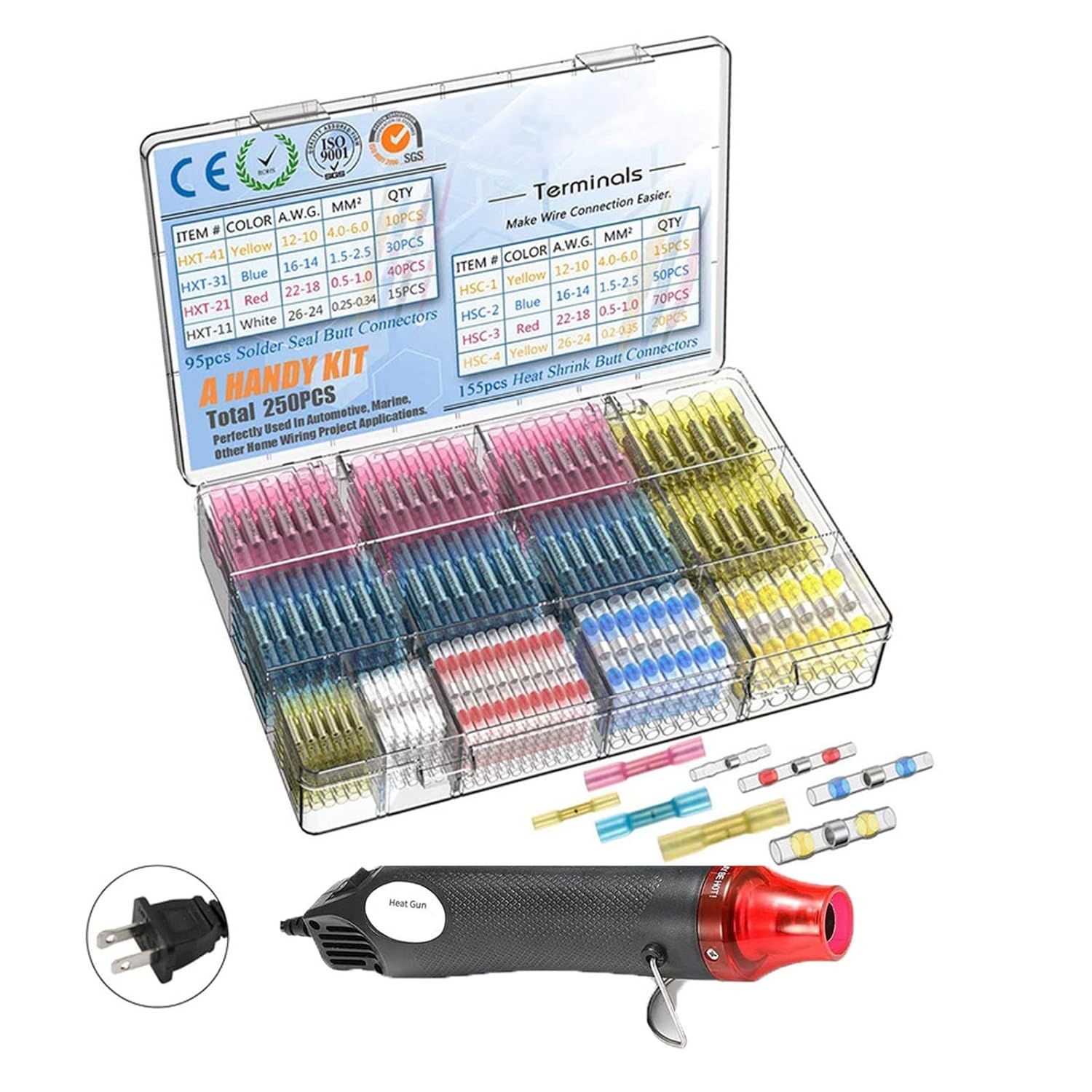 Ruiting Store 640PCS Heat Shrink Connectors wat/erp/;ro/ofW Solder Wire Connector Heat Shrink Butt Crimp Terminals Kits - Electrical Connectors(250pcs and US Heater)