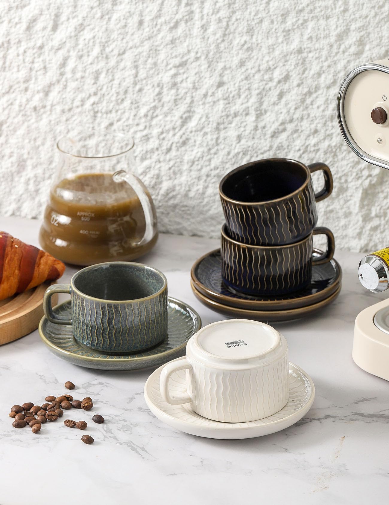 Keramik-Cappuccino-Tassen und Untertassen, 4er-Set, Kaffeetassen für Zuhause und Büro, Espressotassen für Kaffee, Cappuccino, Latte, Grün