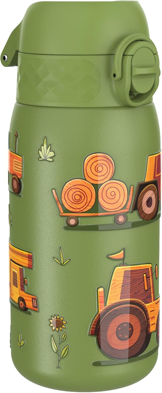 ION8 Butelka na Wodę dla Dzieci ze Lekki Stali, 400 ml/13 oz, Nieocieplany, Szczelna, Łatwa do Otwarcia, Bezpieczny Zamek, Można Myć w Zmywarce, Składany Uchwyt, Łatwa w Czyszczeniu, Maszyny Rolnicze