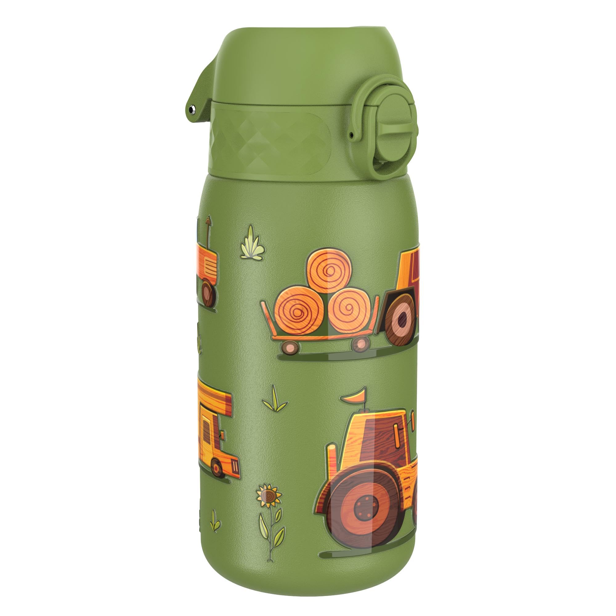 Ion8 Lightweight Steel Kids Water Bottle, 400ml/13oz, Non-Insulated, Leak Proof, Easy to Open, Secure Lock, Dishwasher Safe, Fits Cup Holders, Carry Handle, Metal Water Bottle, Farming Machines