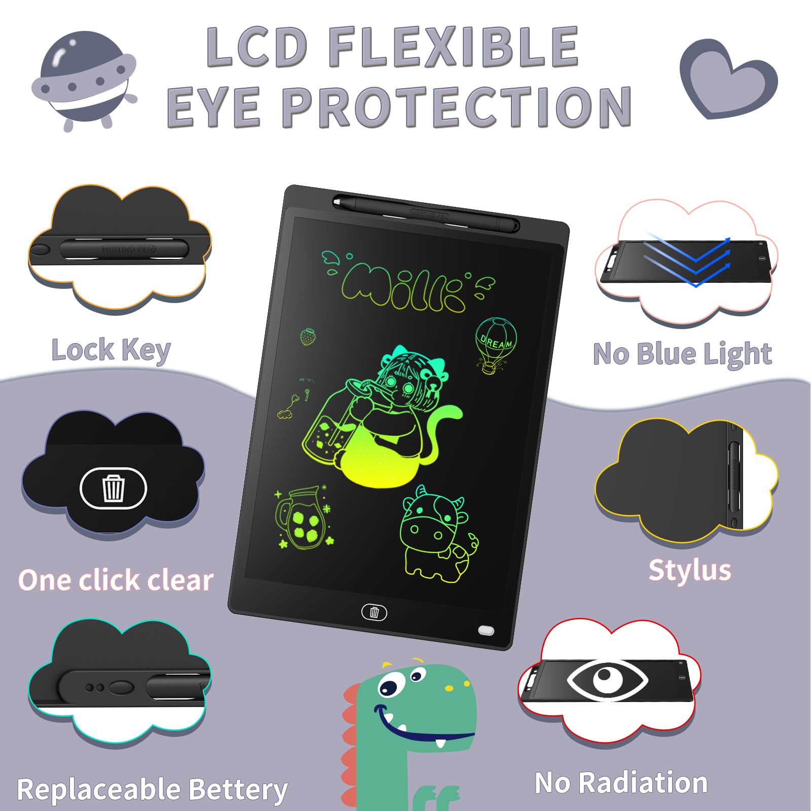 Genialba Tavoletta Grafica LCD Scrittura Colorato 8,5 Pollici, Lavagna da Disegno Cancellabile Portatile, Regalo Bambini, Tavoletta Grafica per Giochi Bambini 2 3 4 5 6 7 Anni Ragazze (Nero)
