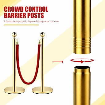 Modular Crowd Control Barrier, Set with 5 ft/1.5 m Red Velvet Rope, Splicing style Stanchion Rope Divider, Gold Queue Barrier Line Divider with Fillable Plastic Base(6)