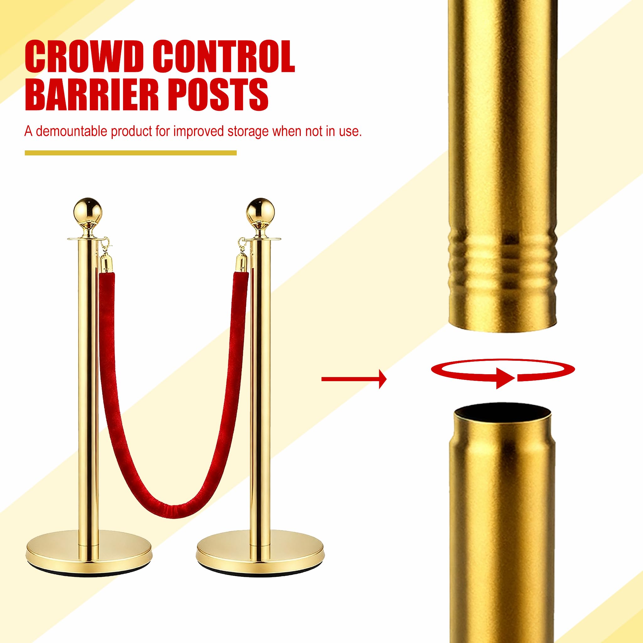 Modulare Barriere Premium Absperrstab mit Seil - Gold Robuster Crowd Control Bandstab für Warteschlangen, Events & Ladenmanagement, Set mit 5 ft/1.5 m rotem Samt Seil (6)