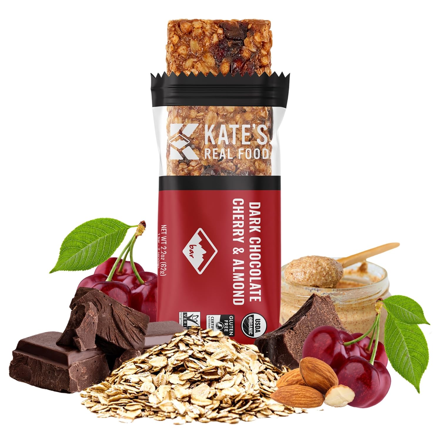 Kate’s Real Food Organic Granola Bars - Dark Chocolate Cherry & Almond (2.2 oz, Pack of 12) - Organic Energy Bars Made with Gluten Free Oats - Non GMO, Soy Free, Whole Grains, and All Natural - Healthy Snacks