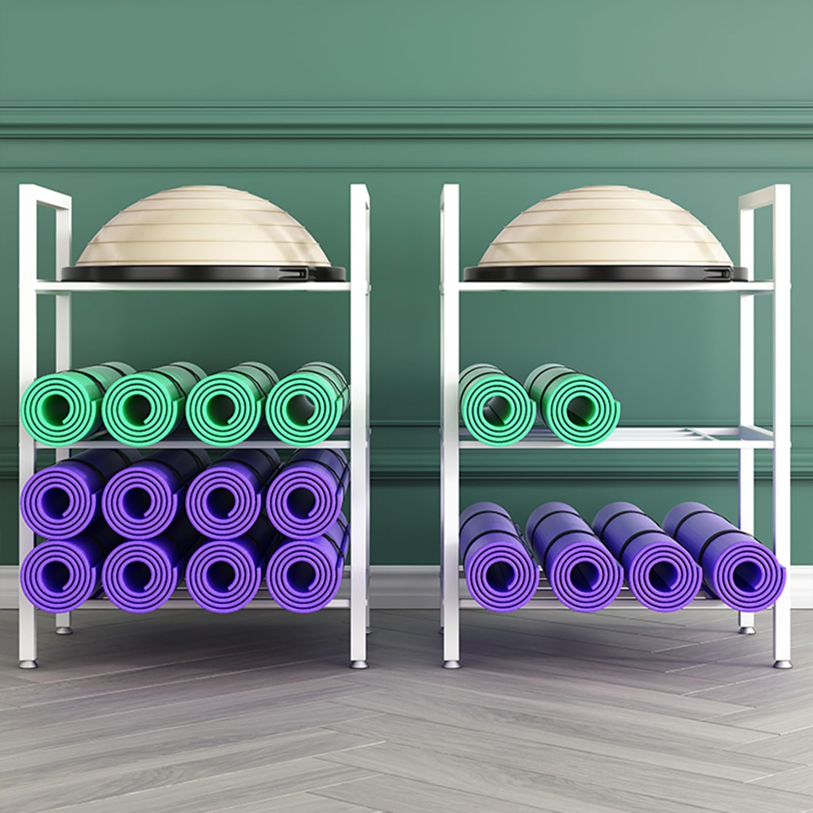 Soporte para Esterilla de Yoga, Estante de Almacenamiento de 3 Niveles para esterillas de Yoga: Organiza Rodillos de Espuma, Pelotas de Ejercicio y Bloques. Organizador de Equipos de gimnasi