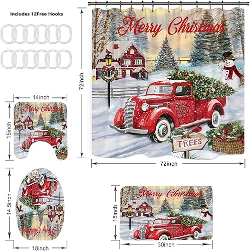 Miniatura 5 de Juego de cortinas de ducha con texto en inglés "Merry Christmas", 4 piezas, camión rojo con tela de muñeco de nieve, cortina de ducha antideslizante
