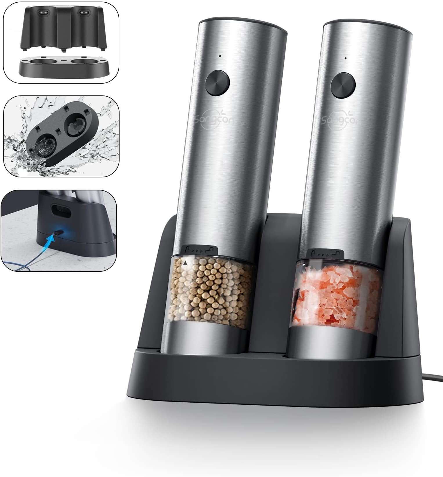 Sangcon Electric Salt and Pepper Grinder Set, USB Rechargeable with Detachable Washable Base, Automatic Pepper Mills, Adjustable Coarseness, One Hand Operated, Stainless Steel, LED Light Refillable