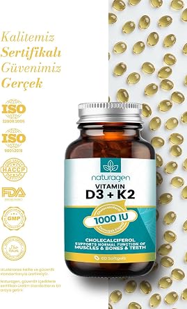 Naturagen Vitamin D3 + K2 1000 IU 60 Kapsül | Glutensiz Kolay Yutulabilir Vitamin D3 K2 | 60 Yumuşak Jel Kapsül - 2 Aylık