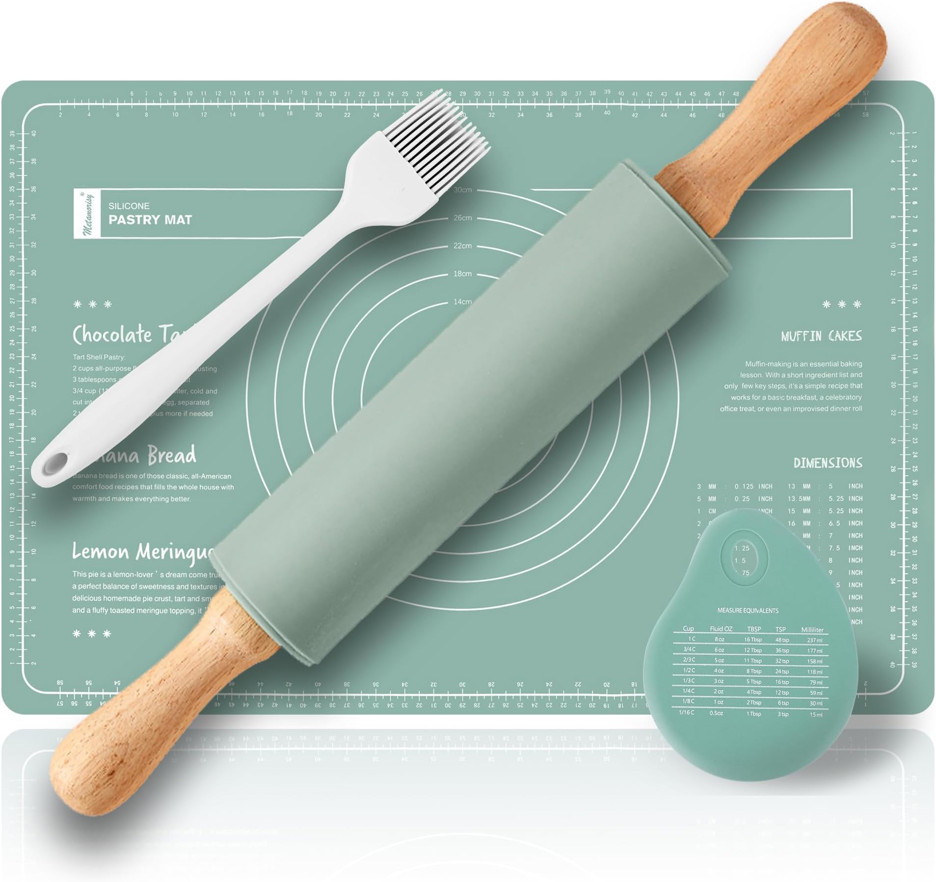 Wooden Rolling pin & Silicone Baking mats Set,Pastry Brushes and Dough Scraper, 38cm Dough Roller,60X40 Silicone Pastry mat,Baking Set of 4 (Green)