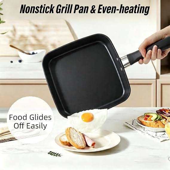 10 Inch Square Griddle Pan, Nonstick Grill Pan, for Eggs Omelettes Bacon, Griddle Cookware for Breakfast Lunch Dinner, Family Kitchen