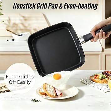 10 Inch Square Griddle Pan, Nonstick Grill Pan, for Eggs Omelettes Bacon, Griddle Cookware for Breakfast Lunch Dinner, Family Kitchen
