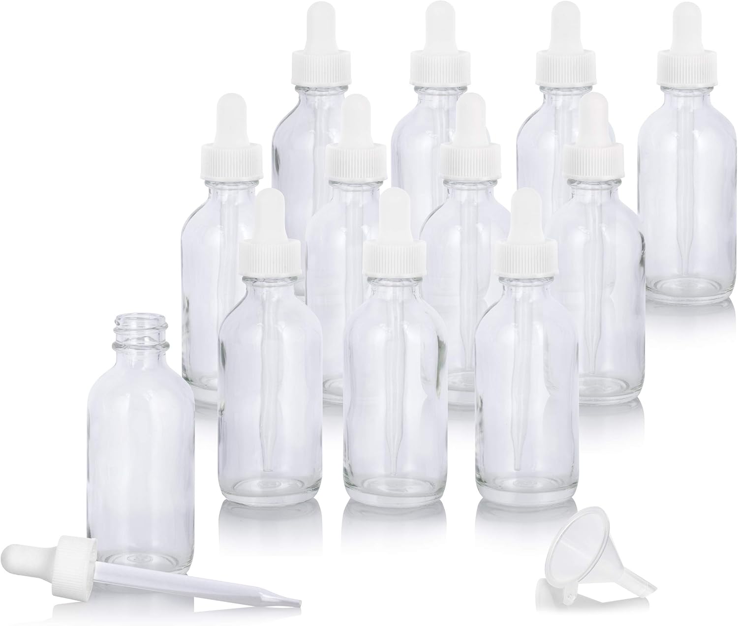 JUVITUS 2 oz Clear Glass Boston Round White Dropper Bottle (12 pack) + Funnel