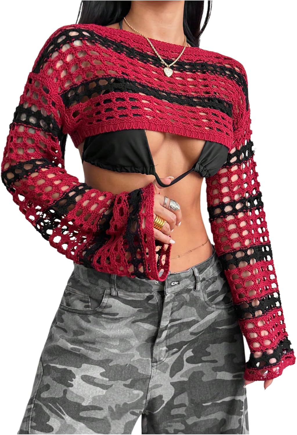 SweatyRocks Women's Crochet Shrug Striped Crop Sweater Long Sleeve Tops Cover Up Bolero Shrugs