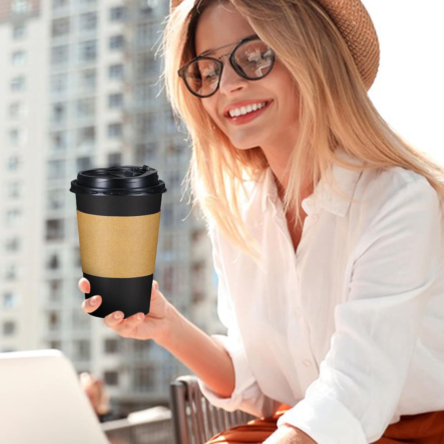 Lamosi 100 Pack 16 oz Disposable Coffee Cups with Lids and Sleeves, Black Leak-Proof To Go Coffee Cups with Lids, Hot/Cold Beverage Black Drinking Cup for Home, Office, Parties, Travel - Image 8