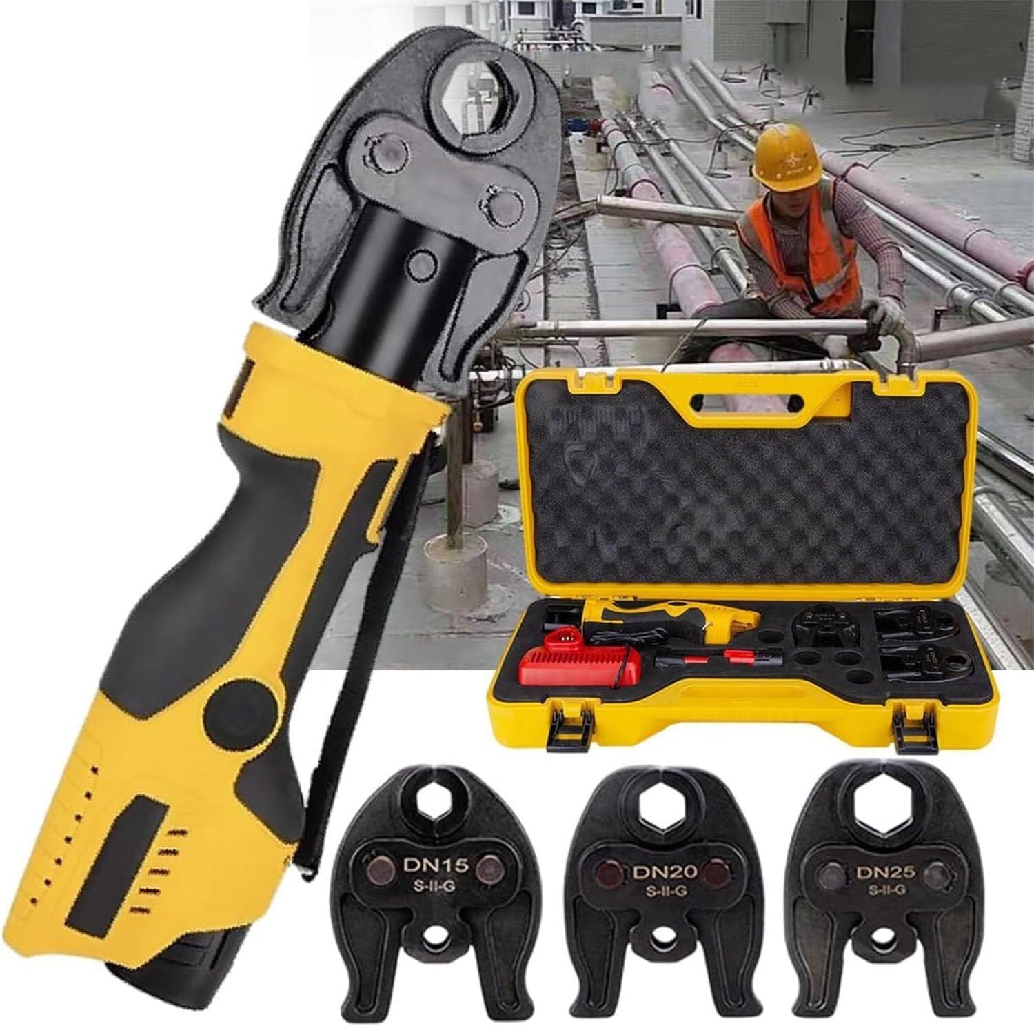 Hydraulic Pipe Wrench Set,Tube Fittings Crimping Tool,with 2×3.0Ah Batteries Convenient and Power Tool for Pipe Diameter from 15 to 35mm12V(1series)