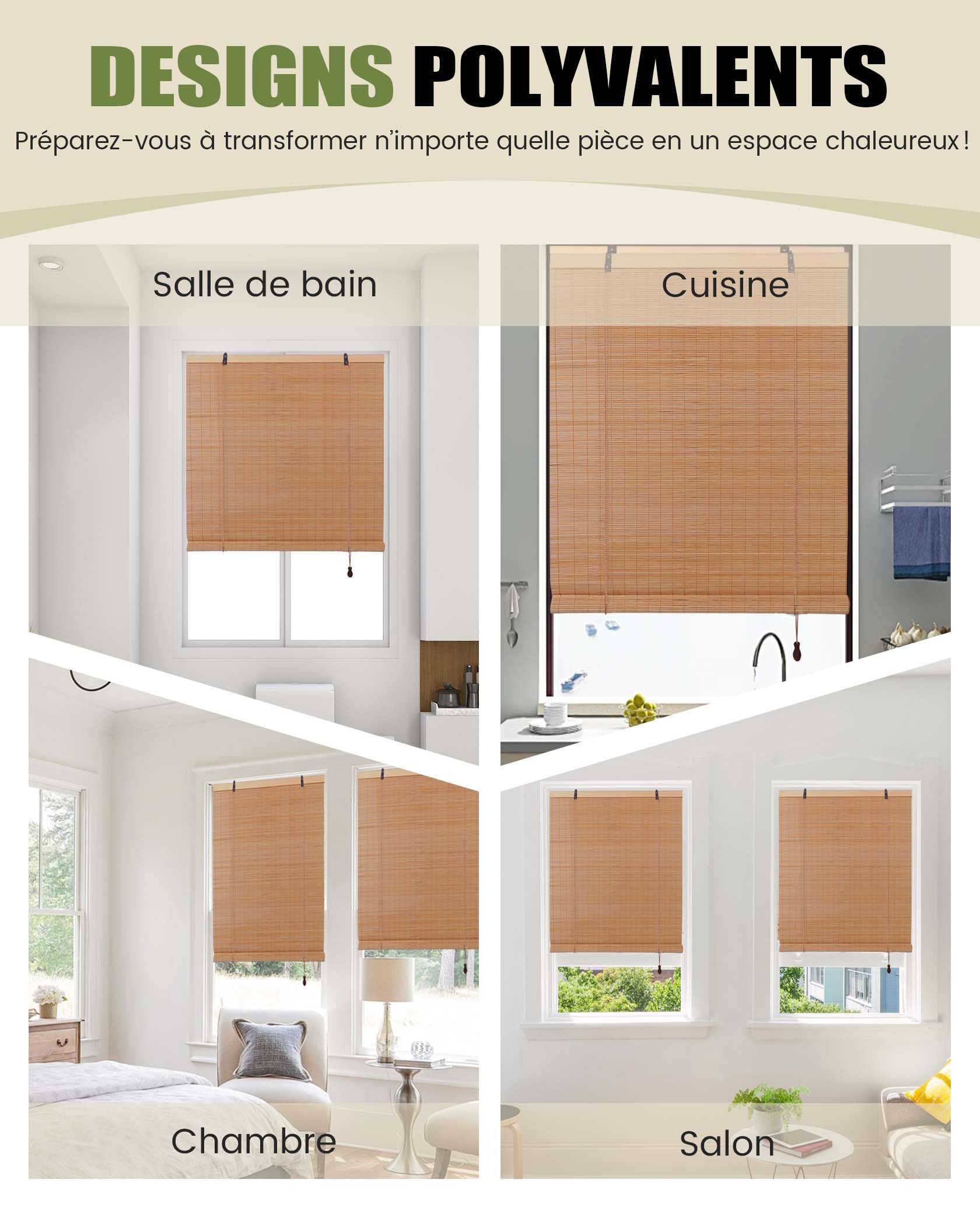 FoundGo Stores en bambou sans perçage - 100 x 120 cm (l x H) - Stores en bois rétro - Stores romains en bambou enroulables - Stores filtrant la lumière pour fenêtres d'intérieur