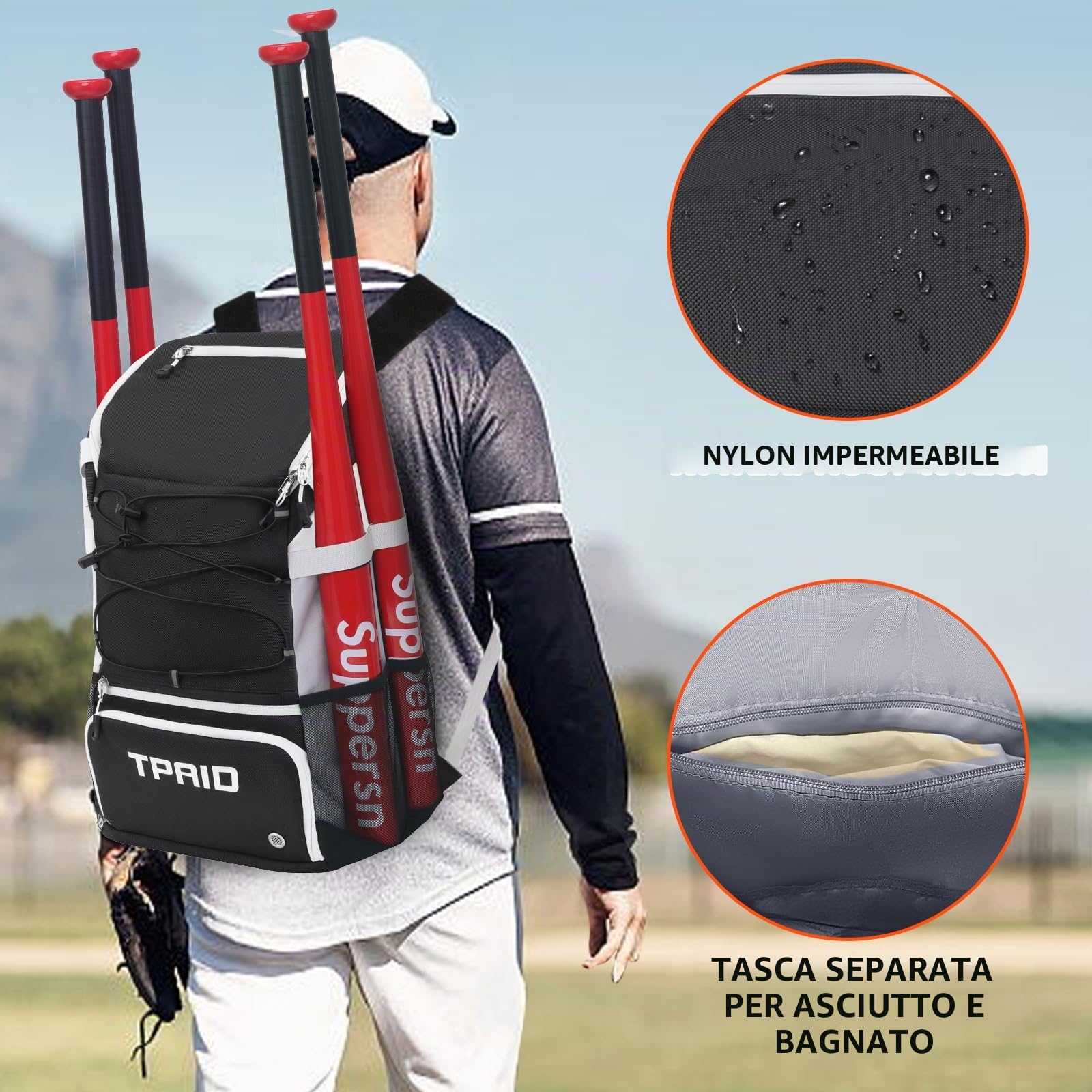 KINGSLONG Borsa da baseball Zaino da baseball per giovani e adulti con scomparto per scarpe impermeabile Softaball Borsa per mazze da baseball, T-Ball e softball, supporto esterno per guanti e casco