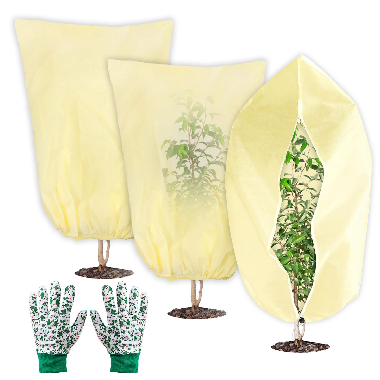 3Pcs Plant Fleece Frost Protection with Zipper Drawstring, Non-Woven Fabric Winter Plant Cover with Garden Gloves