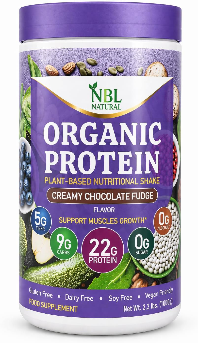 NBL NATURAL Plant Based Organic Protein Powder, Vegan Protein Powder for Men & Women, 22G Protein Per Serving, Gluten Free, Lactose Free, No Sugar Added, Creamy Chocolate Fudge, 2.2 lb, 25 Servings