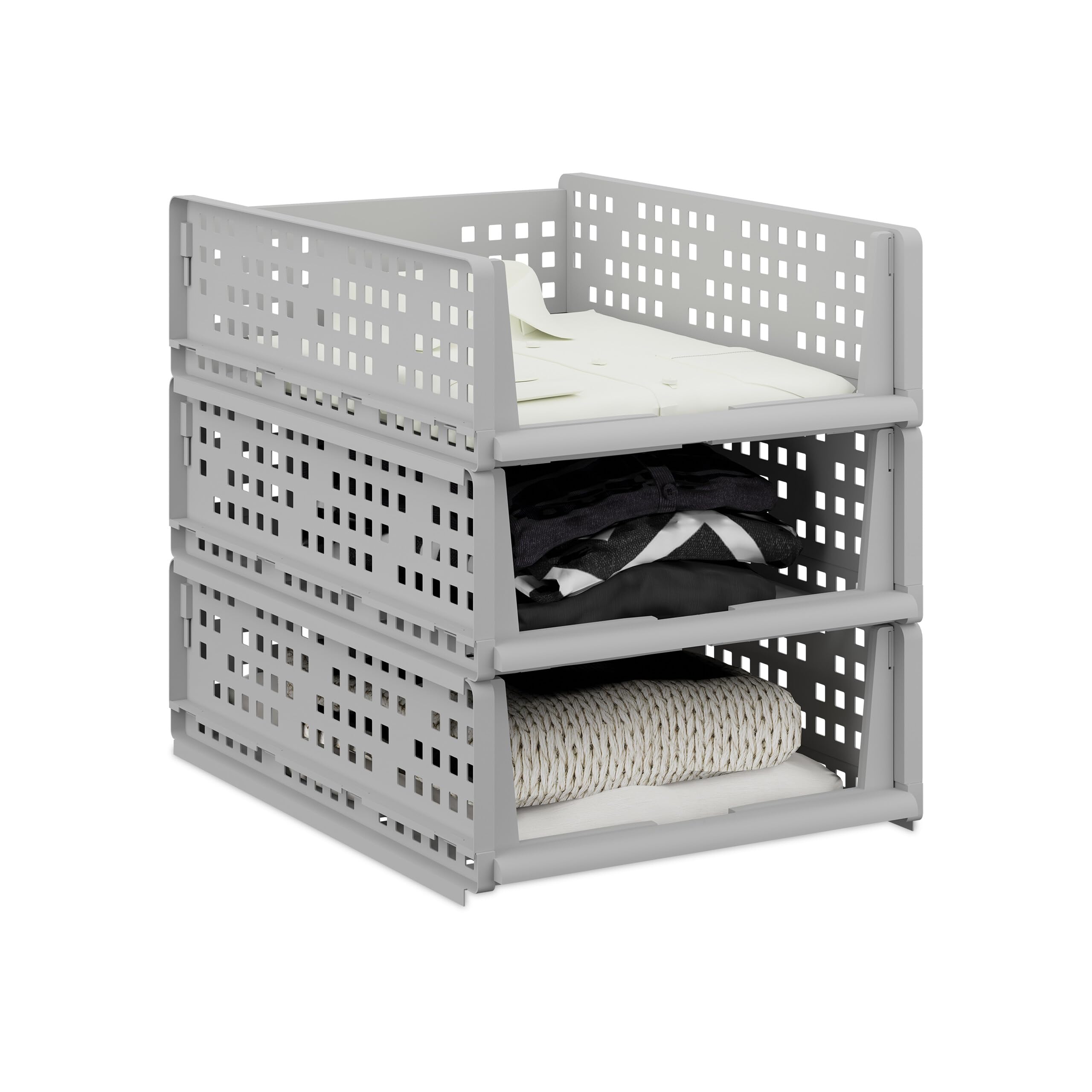 Relaxdays Wardrobe Organiser, Set of 3, Stackable Storage Boxes, 13 x 33.5 x 43.5 cm, Pull-Out Design, Grey