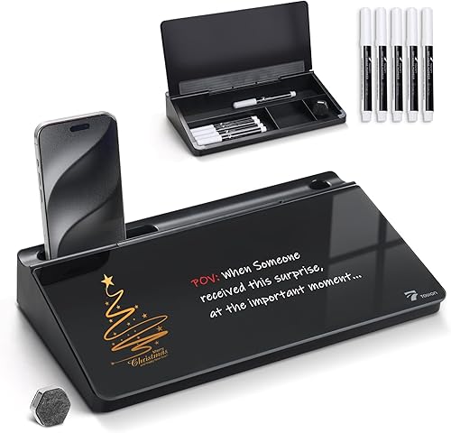 TOWON Pizarra blanca pequeña de vidrio compacto con almacenamiento, pizarra de borrado en seco de 12 x 7 pulgadas para escritorio, oficina en casa,