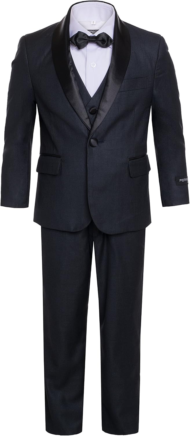 Ferrecci Reno 5-Piece Boys Suit Satin Shawl Collar & One Button Boys Tuxedo Jacket with Dress Pants, Vest, Shirt & Bow Tie