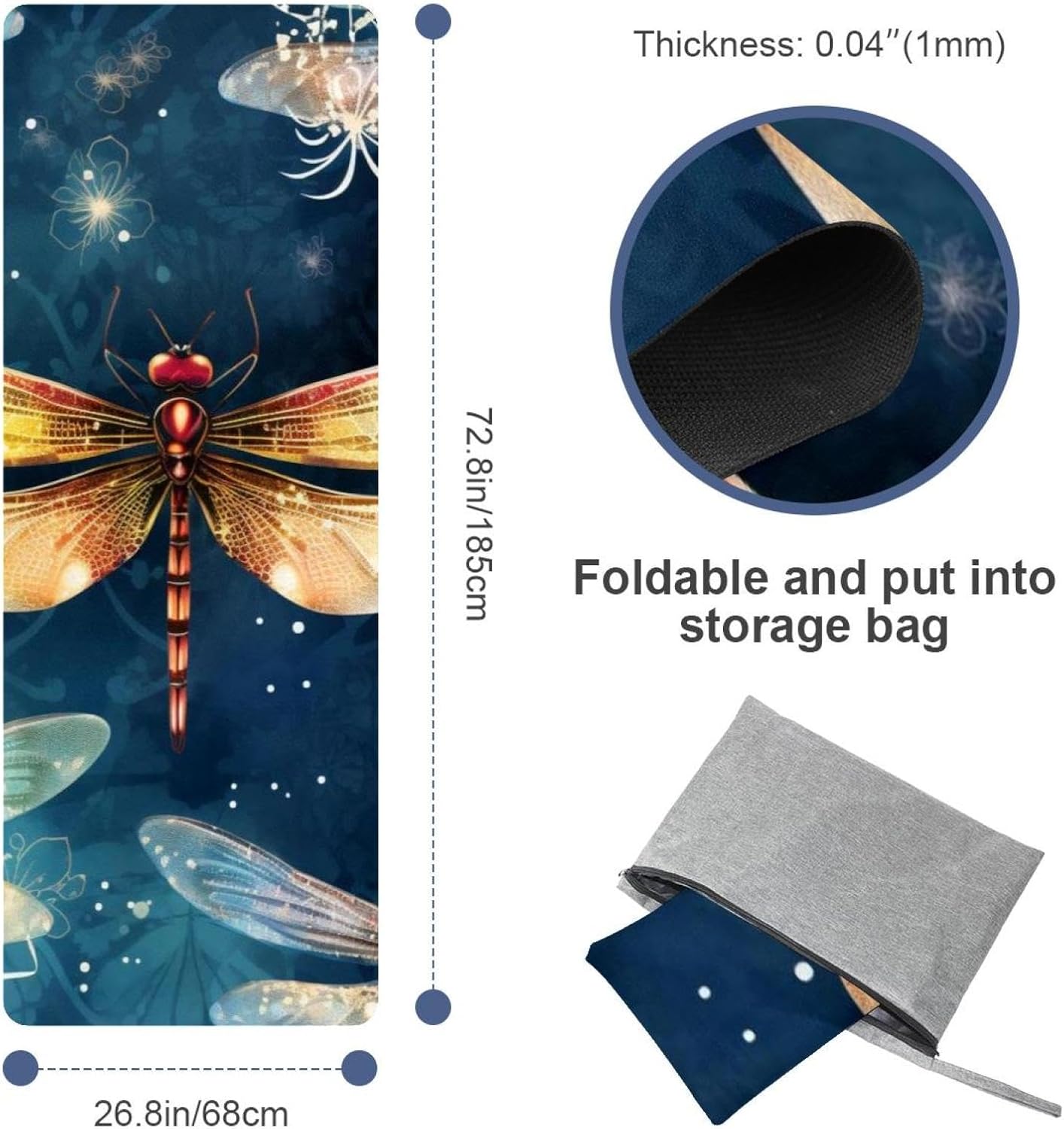 Yoga Towel, Dragonfly Pattern Non Slip Sweat Absorbent Hot Yoga Mat Towel for Hot Yoga, Pilates and Fitness - 72.8" x 26.8"