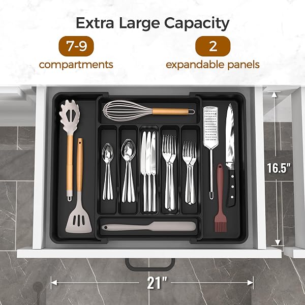 ukeetap ukeetap Extra Large Expandable Silverware Organizer, BPA-Free Food-Safe Cutlery Flatware Organizer, Kitchen Utensil Drawer Organizer, Adjustable Silverware Holder for Spoons Forks Knives, Black in use