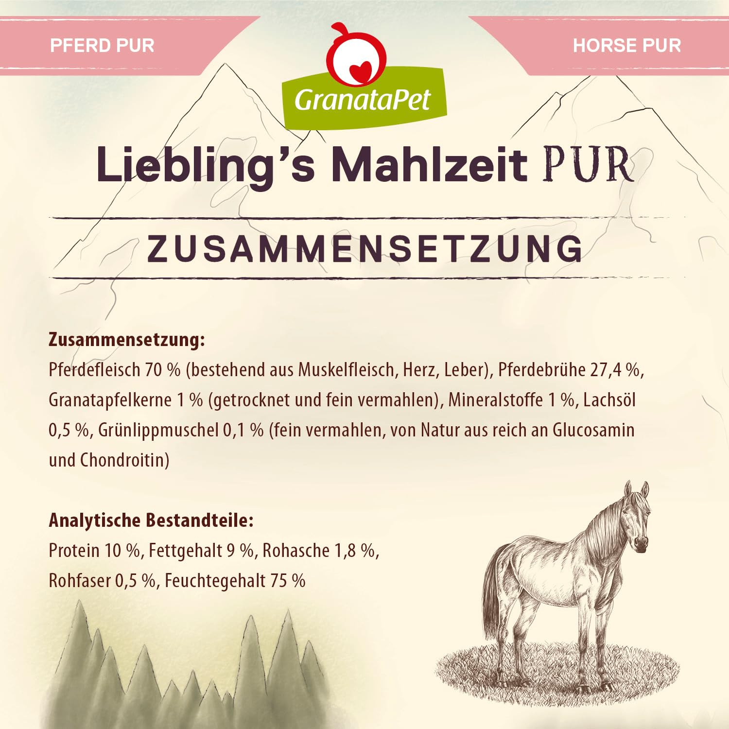 GranataPet Liebling’s Mahlzeit PUR con cavallo, cibo umido per cani, scatolette cani senza cereali e zuccheri aggiunti, alimento cani con alto contenuto di carne e oli salutari, 6 x 400 g