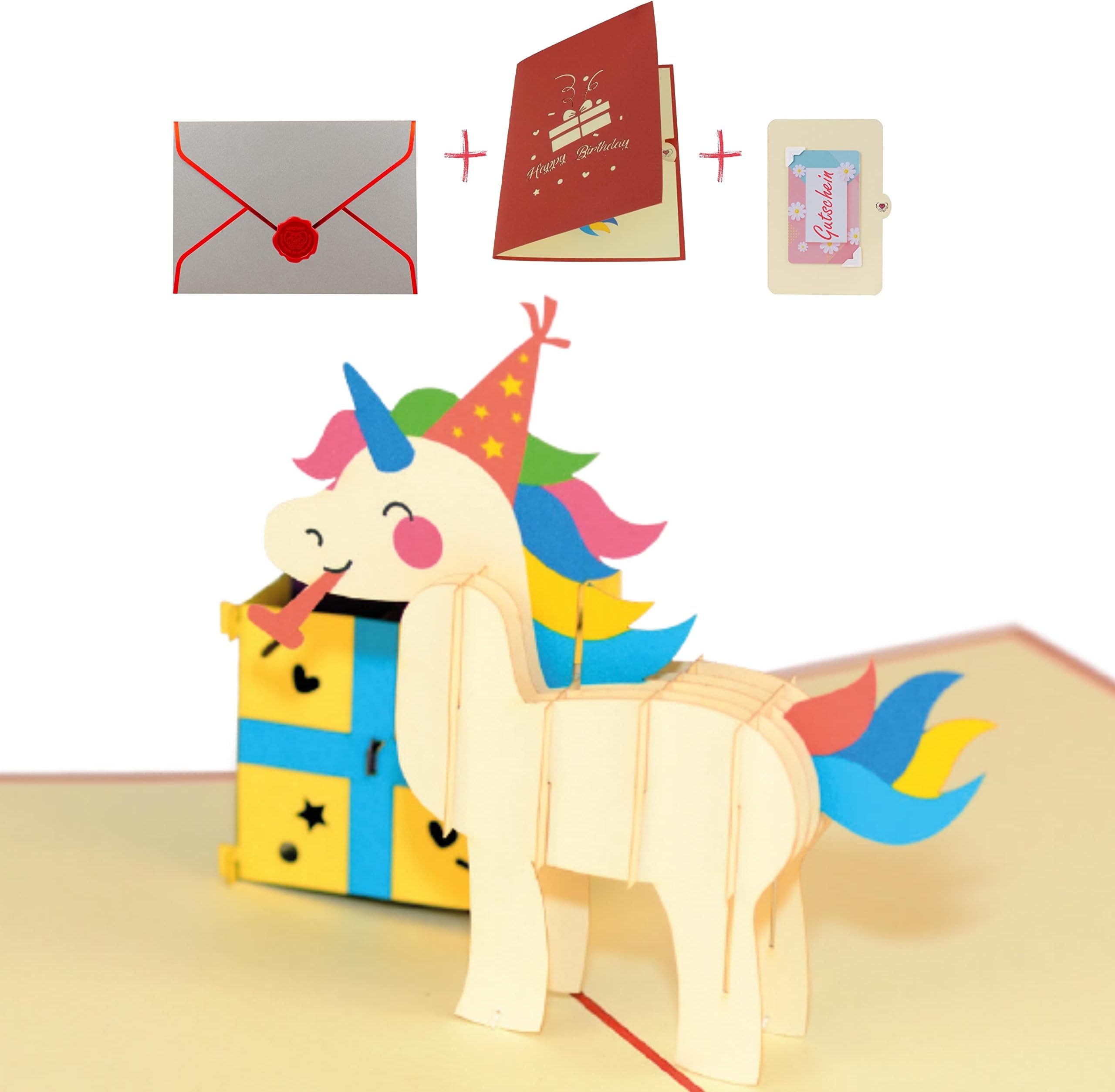 uniqHeart® Handmade 3D Pop-Up Card "Unicorn with Gift" - Includes Elegant Wax Seal and Elegant Gift Envelope - Unusual Children's Birthday Greeting Card - Unicorn Card