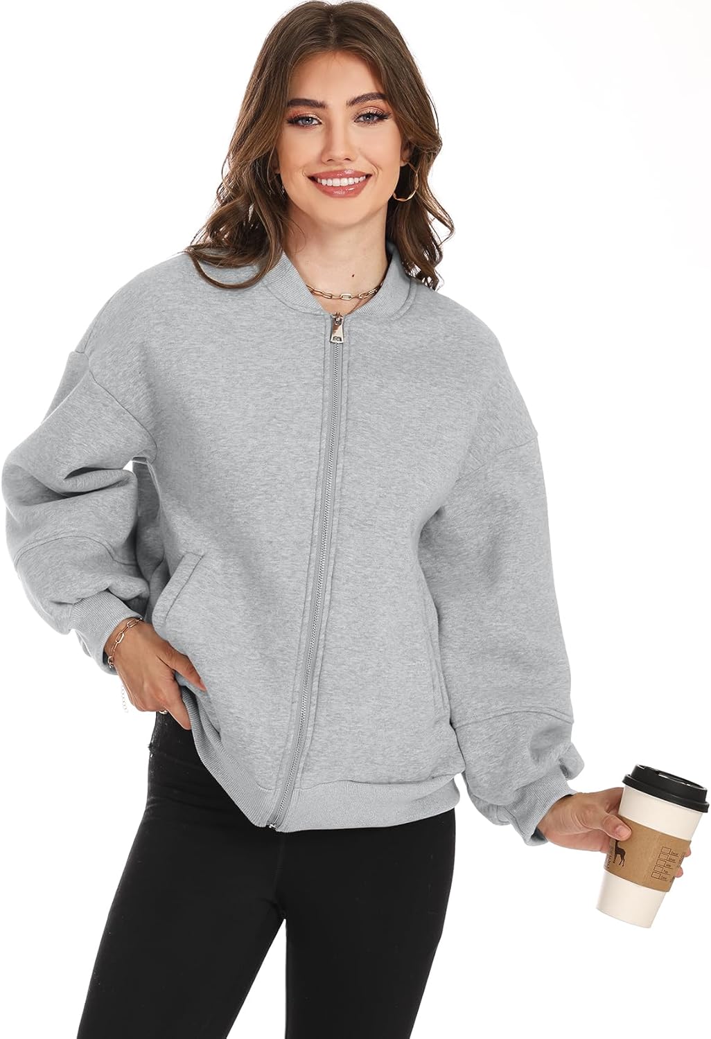Arssm Womens Oversized Zip Up Sweatshirt Jackets Fleece Lantern Sleeve Casual Fall Bomber Jackets - Image 2