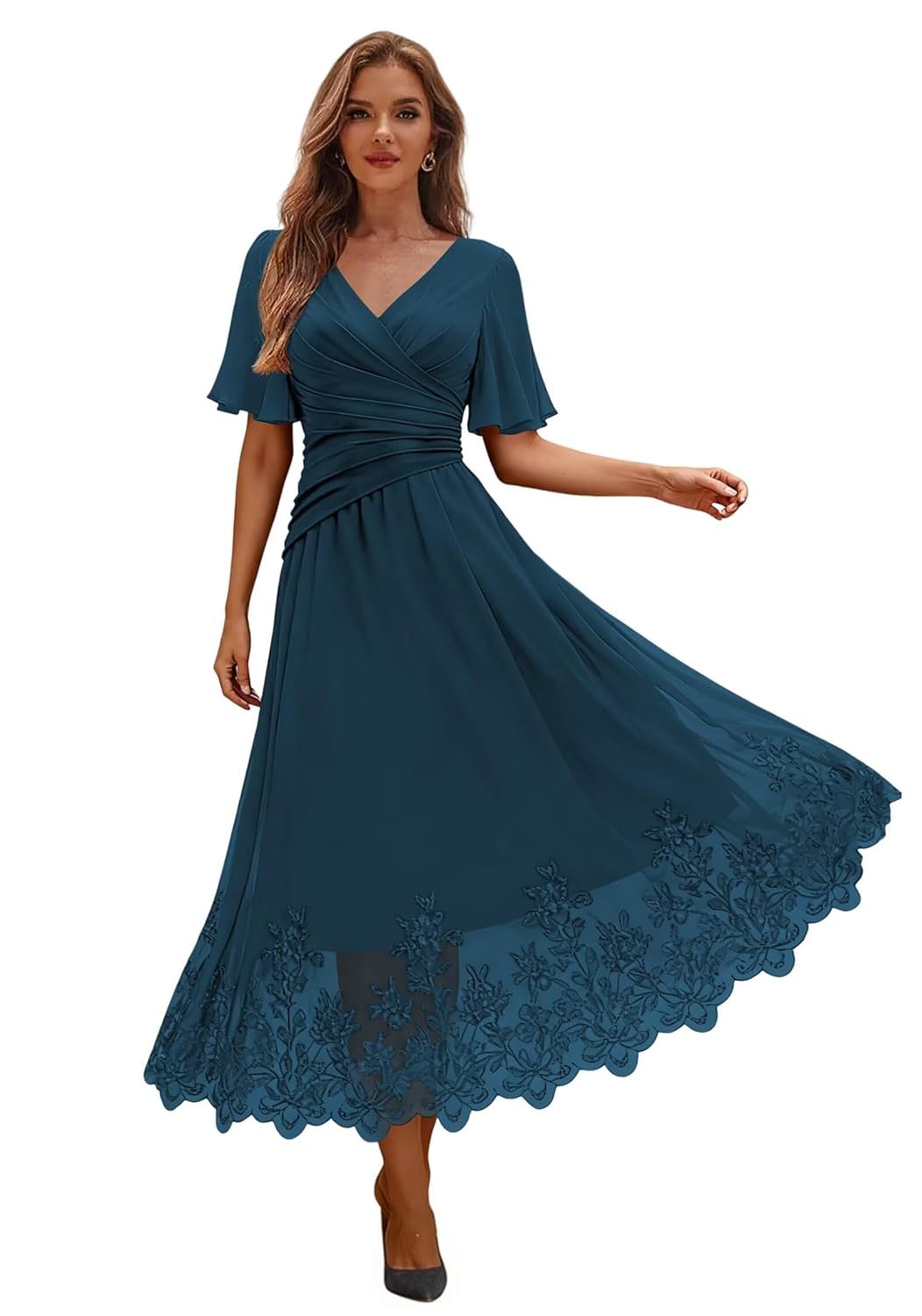Womens V Neck Mother of The Bride Dress Short Sleeves Pleated A Line Chiffon Party Evening Formal Dresses