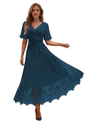 Womens V Neck Mother of The Bride Dress Short Sleeves Pleated A Line Chiffon Party Evening Formal Dresses