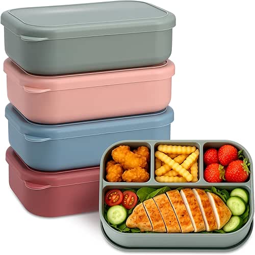 4 Pcs Large 7.6x5x2 Inches Silicone Bento Box Reusable Lunch