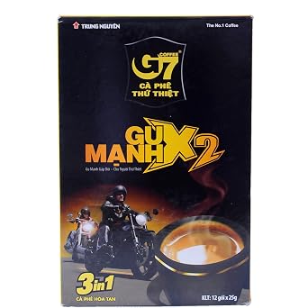 Trung Nguyen G7 Strong X2 Gu Manh 3 in 1 Instant Coffee Double Strength w/Non-dairy Creamer and Sugar Strong and Bold Instant Vietnamese Coffee 12 Single Serve Packets