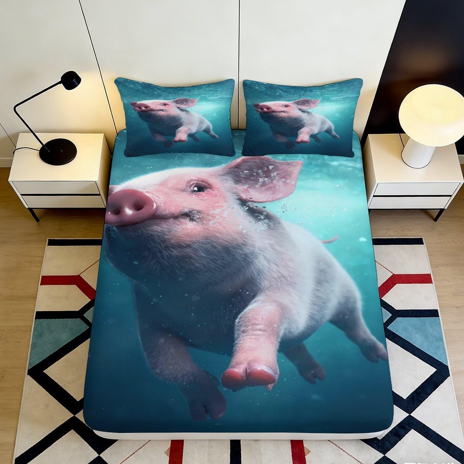 Jqzkxnhpbr Style-8 3D Printed Swimming Pig Fitted Sheet Microfiber Soft Non-Slip Farm Animal Bed Cover For Bedroom Guest Room Decor 90X200x25cm