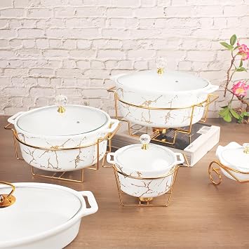 Porcelain Serving French Tureen Set with Glass Lid and rack, 2500 ML Casserole Baking Dish, Chafing Dish for Buffet, food preserve Tray, Catering Casserole for Party Style