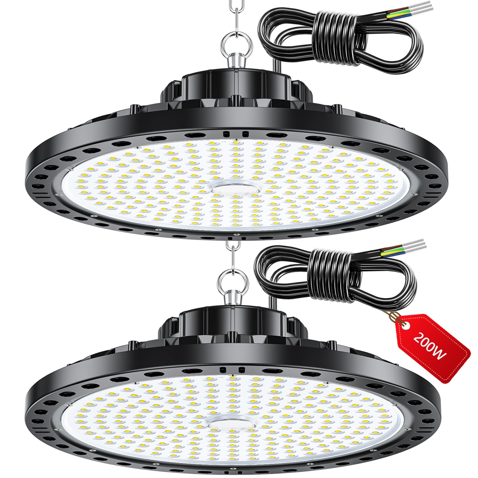 UFO Focos LED Techo - 2 Piezas 200W 20000LM Lampara Industrial Techo con Transformador LED, IP65 Impermeable 6500k Blanco Frío Luces de Garaje para Garaje, Fábrica, Taller, Granero, Tienda