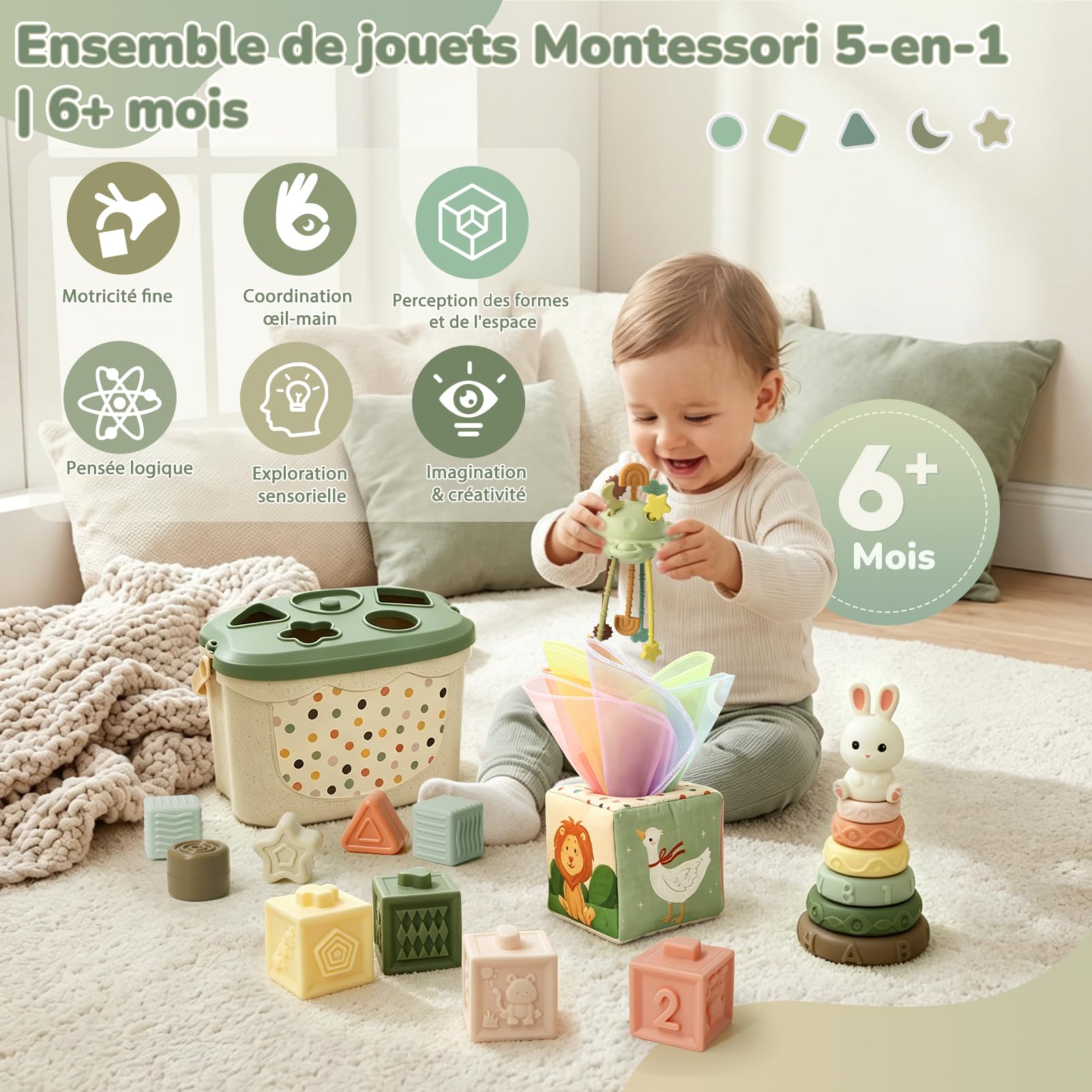 5 en 1 Jouet Bébé 6 Mois Montessori – Jeux d’éveil 6-12 Mois avec Trieur de Formes, Boîte à Mouchoirs, Empilement | Jouet Sensoriel Cadeau pour Enfants 7 8 9 Moiss(5-en-1)