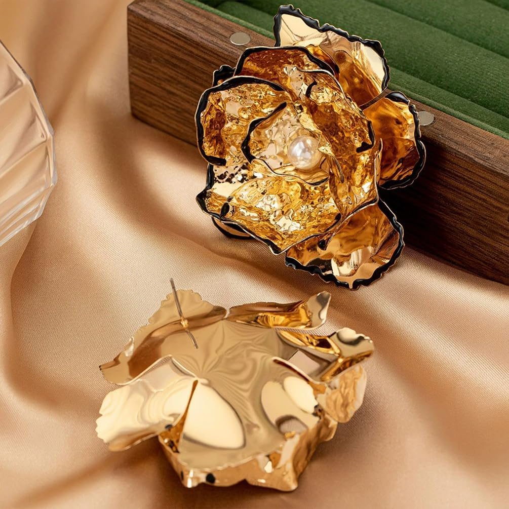 Unique Large Statement Gold Flower Stud Earrings for Women Trendy, Charm Big Floral Pearl Earring Oversized Cocktail Party Prom Jewelry Accessories - Image 7