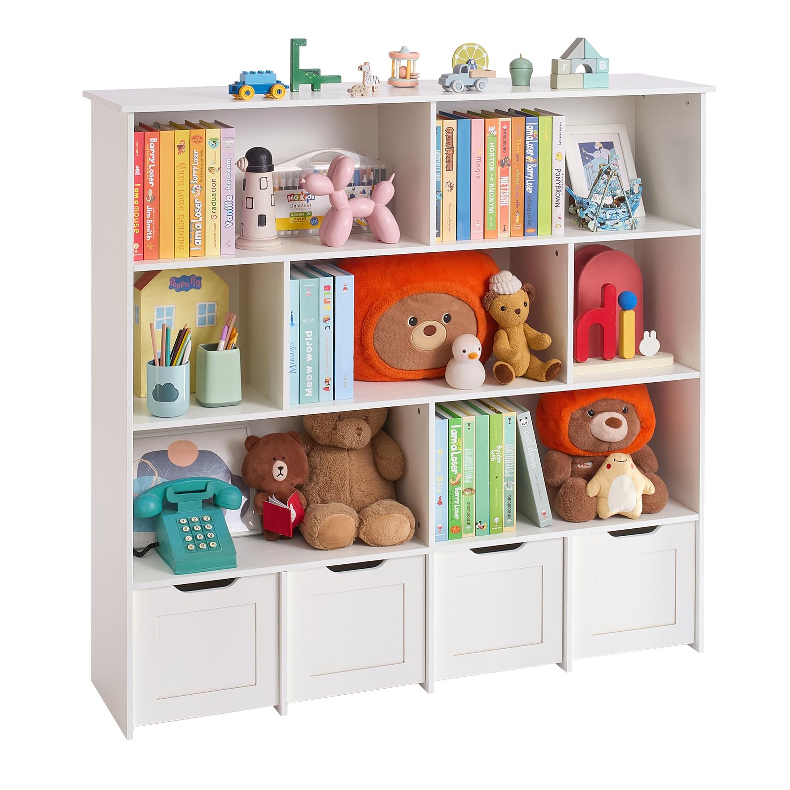 VEVOR Kinderregal Bücherregal aus Holz mit Stauraum, Spielzeugschrank mit 4 mobilen Schubladen, Aufbewahrungsschrank für Spielzeug, Spielzeugregal für Schlafzimmer Kinderzimmer Wohnzimmer, weiß