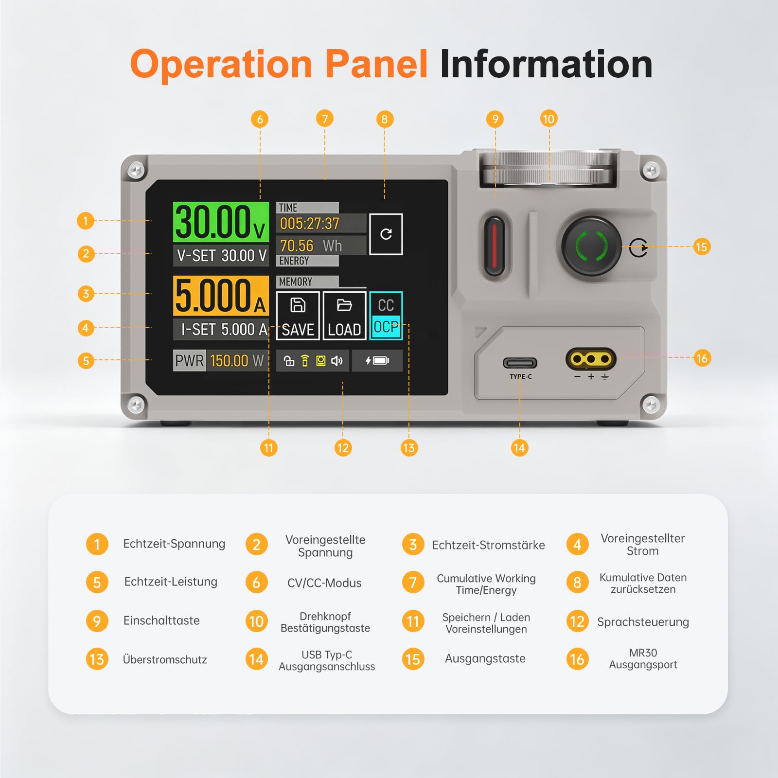 ISDT MP305B Programmierbares Labornetzteil 0–30 V / 0–5 A, 150 W, lineares DC-Netzgerät mit 2,8-Zoll-Touchscreen, USB-C PD 140 W, integriertem Akku und 10 Speichergruppen
