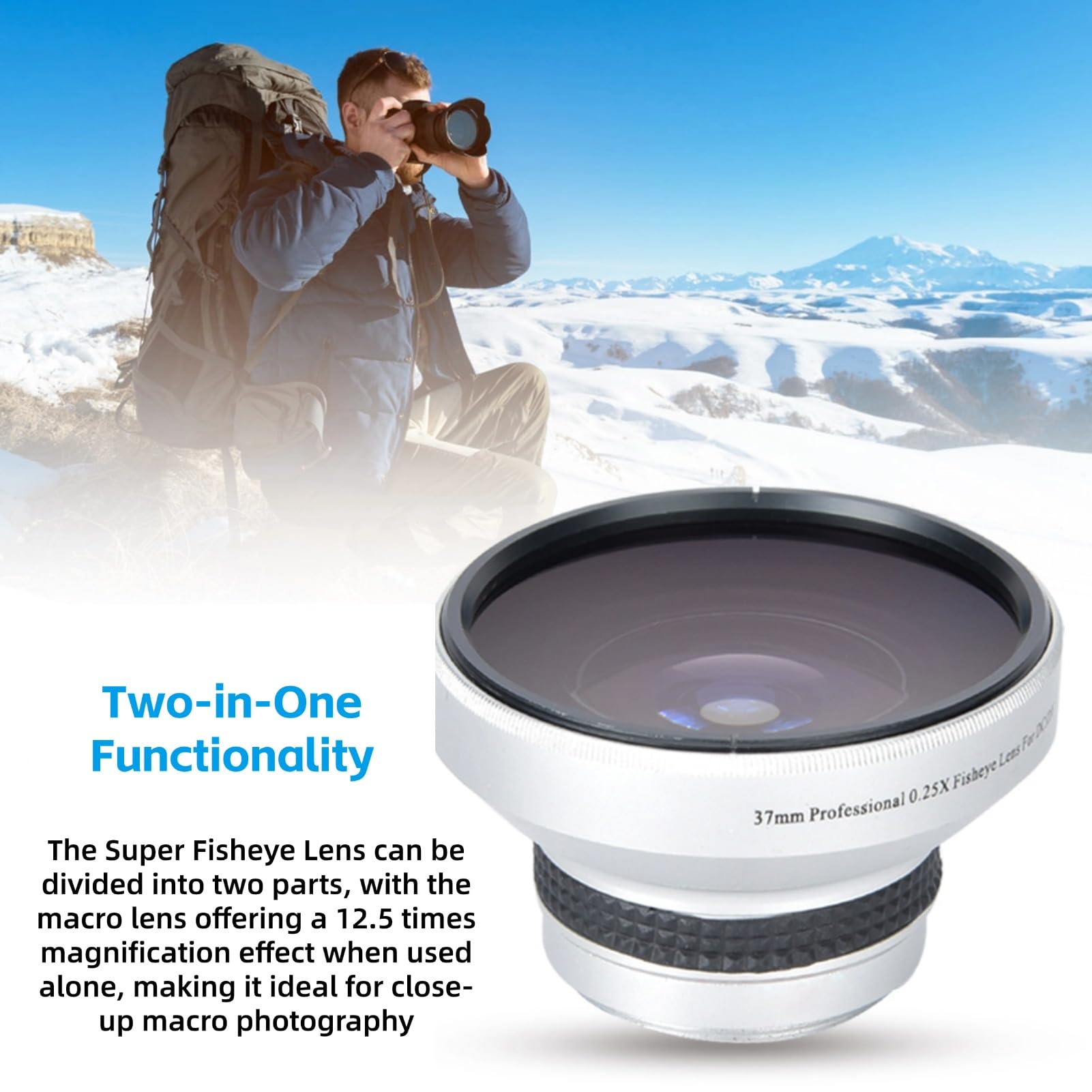 Obiettivo aggiuntivo da 37 mm 0,25 x super fisheye, per riprese ravvicinate macro, realizzato in lega di alluminio in vetro ottico, adatto per obiettivi di fotocamere calibro 37 mm