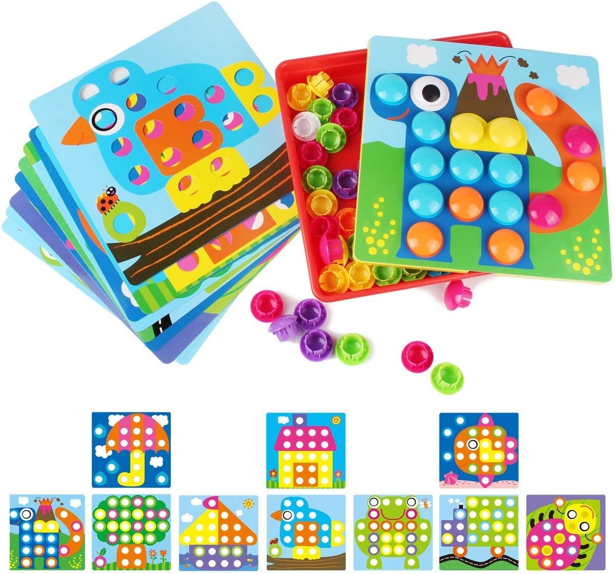 Samidy Kids DIY Colour Match Button Art Puzzle Game Set - Educational Mosaic Picture Pegboard Toy