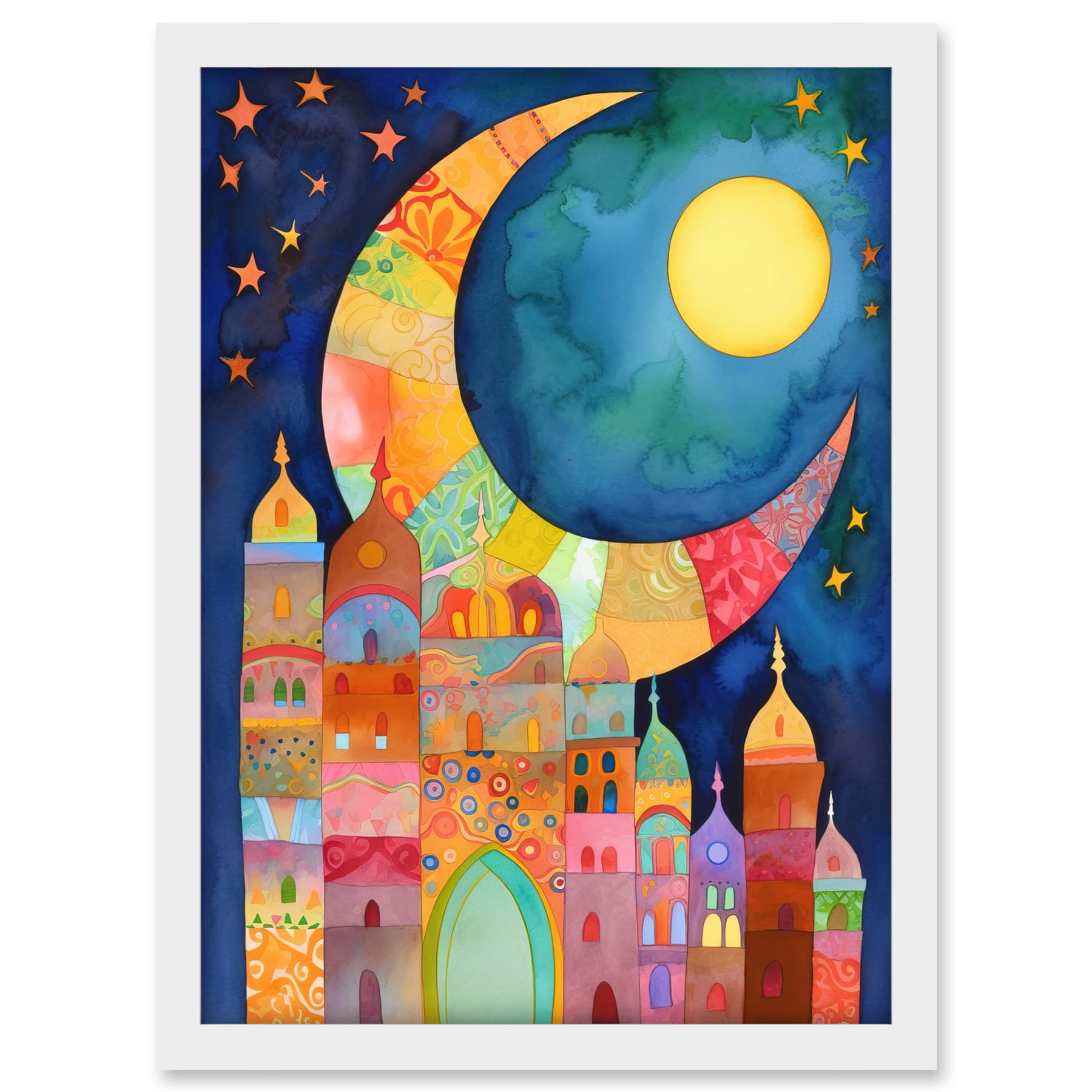Artery8 Eid Crescent Moon Cityscape Folk Art Watercolour Painting Artwork Framed A3 Wall Art Print