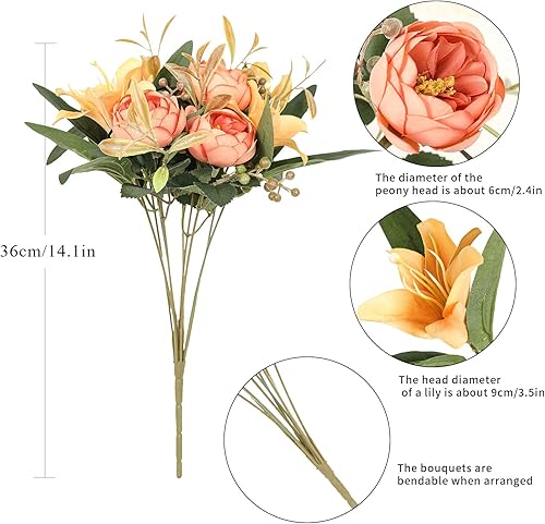 Miniatura 3 de Paquete de 2 arreglos florales de peonías artificiales, ramos de lirios de peonía, decoración floral para decoración del hogar, oficina, fiesta,