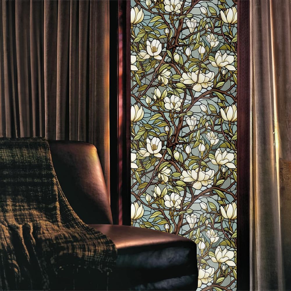 16“x118 Green White Magnolia Floral Double Side Window Films Art Decorative Window Privacy Tinting Film Self-Adhesive Static Glass Window Clings Stickers for Living Room Bathroom Glass Windows Decor