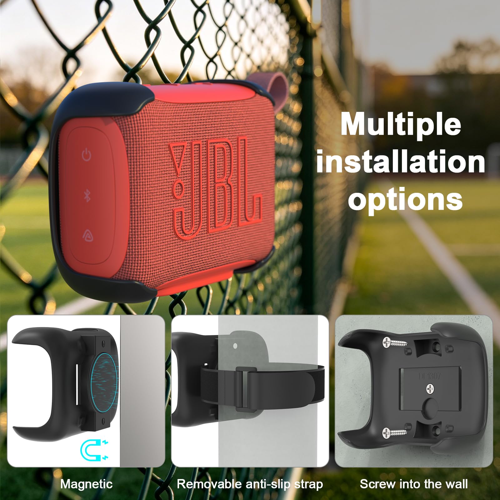 3-in-1 Magnetische Halterung mit abnehmbarem Anti-Rutsch-Gurt für JBL GO 5 Tragbare Bluetooth-Lautsprecher, Golfwagen/Lenker/Stangen/Fahrrad/Motor/Wohnmobile/Geländefahrzeuge & Wandhalterungen